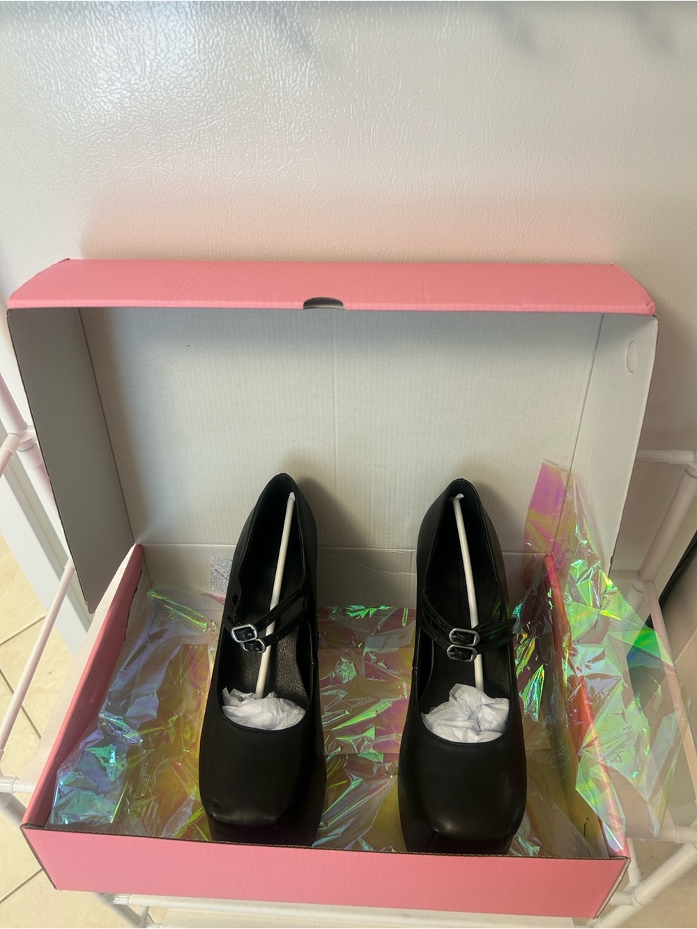 Sugar Thrillz Pink Gift Box with Holographic Tissue and Black Shoes